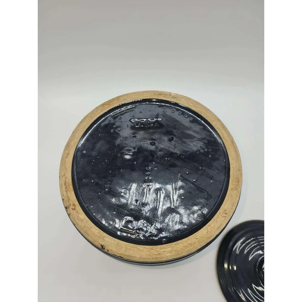 Vintage Black Ceramic Hand Painted Grape Bean Pot Cookie Jar with Lid 2 Handle